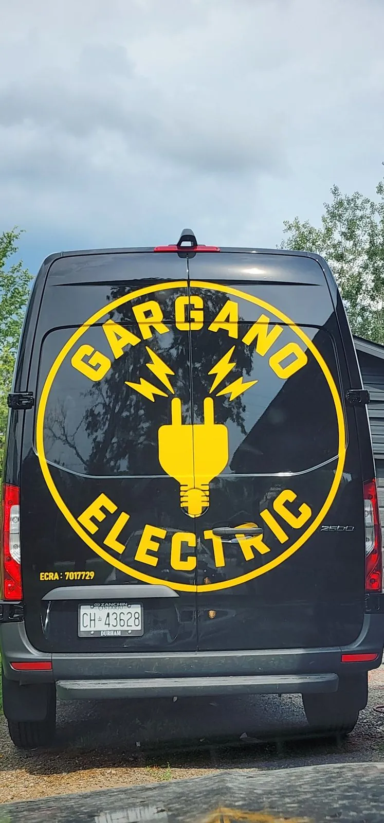 Gargano Electric van rear doors with fleet logo graphics